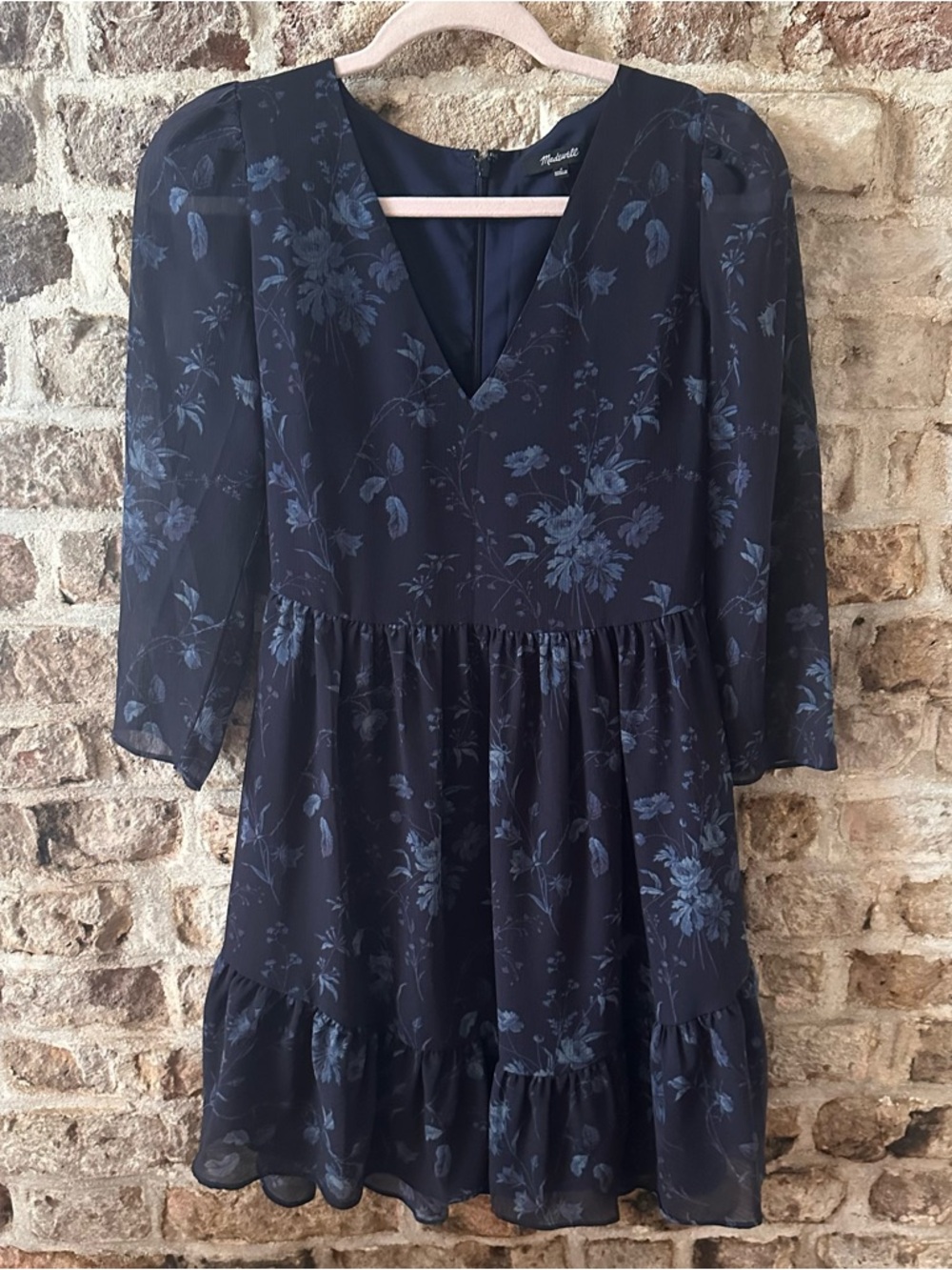 Madewell Navy Blue Floral V-Neck Mini Dress